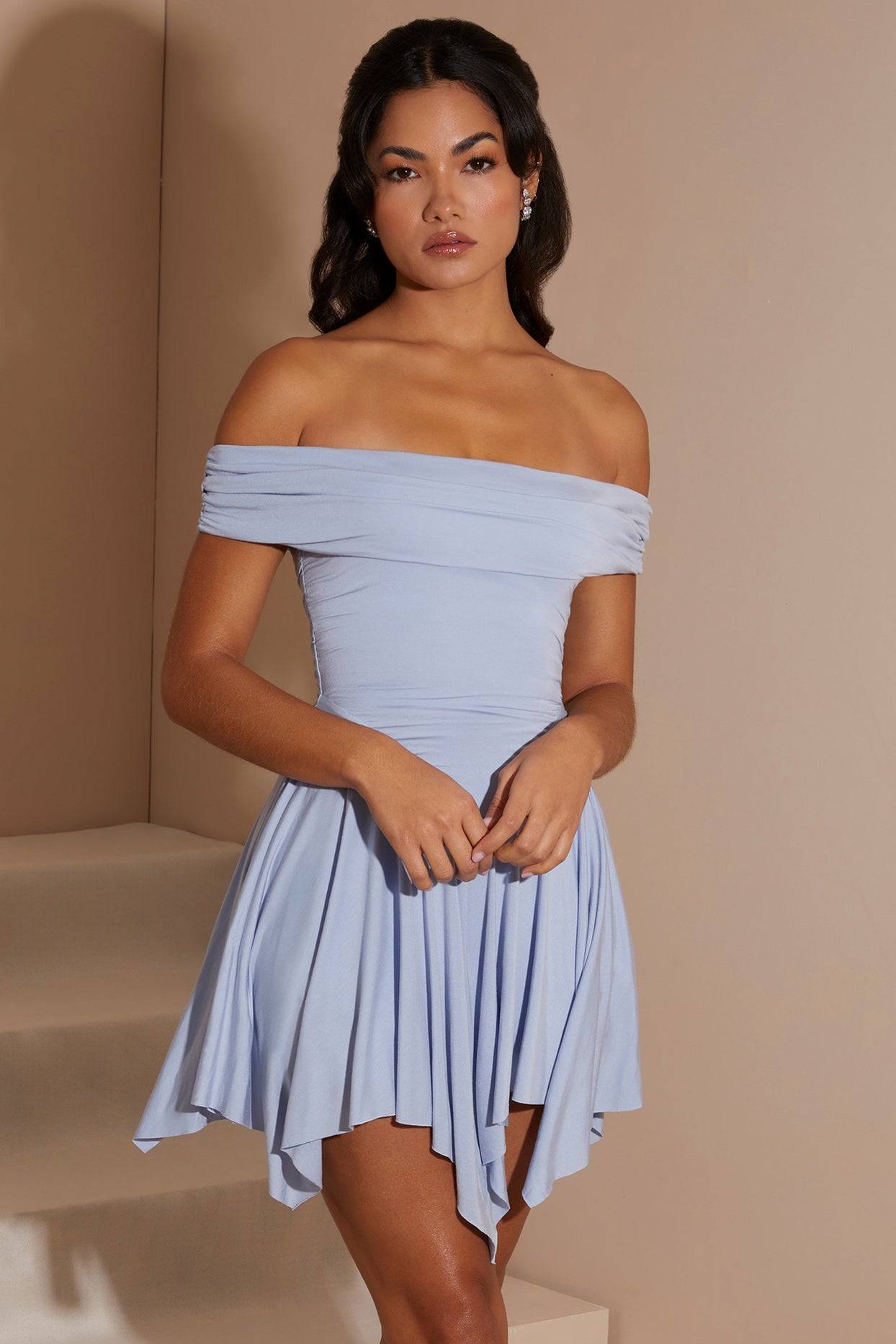 Handkerchief Hem Ruched Bardot Mini Dress in Blue