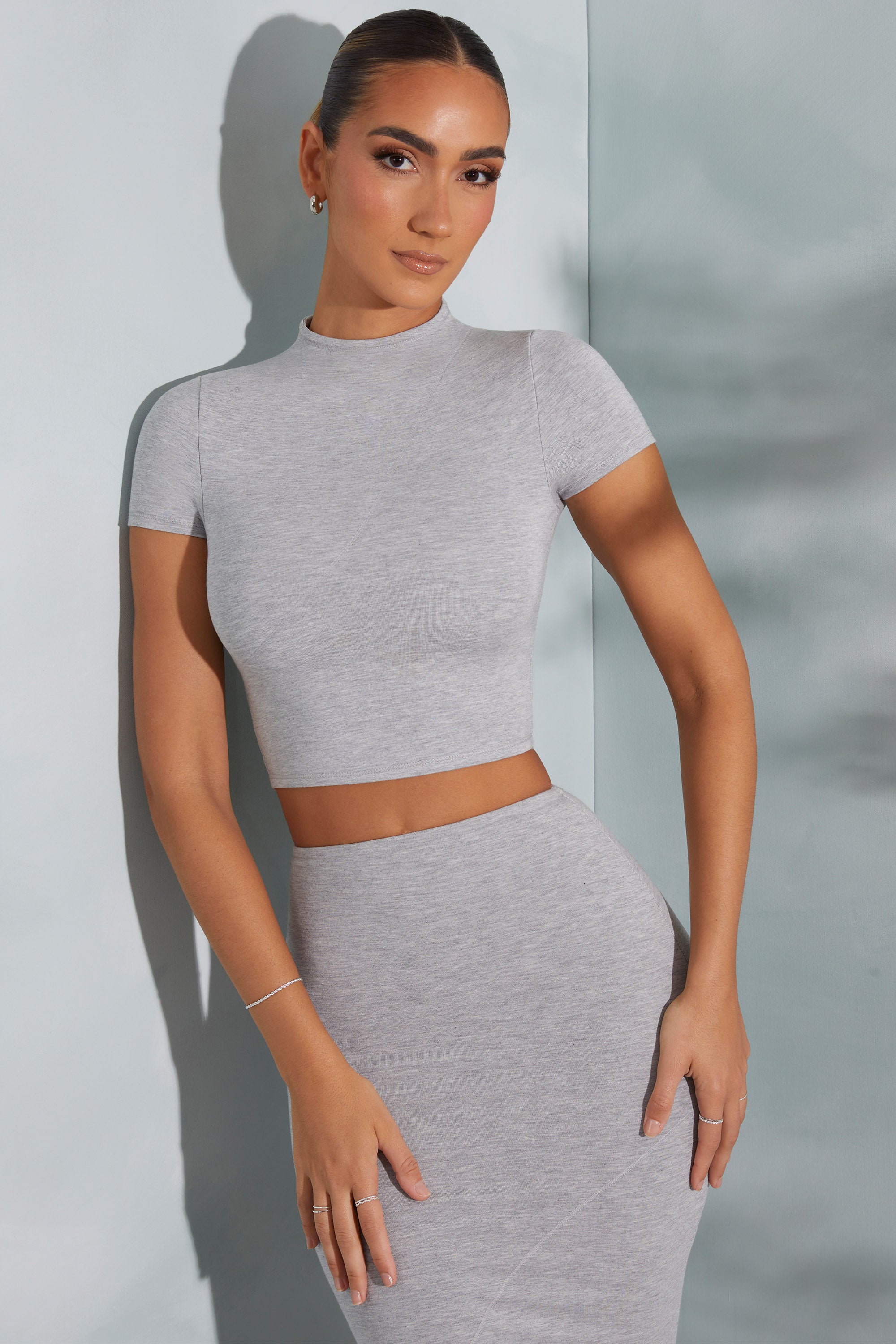 Irie Contrast Stitch Turtleneck Crop Top in Marled Grey | Oh Polly