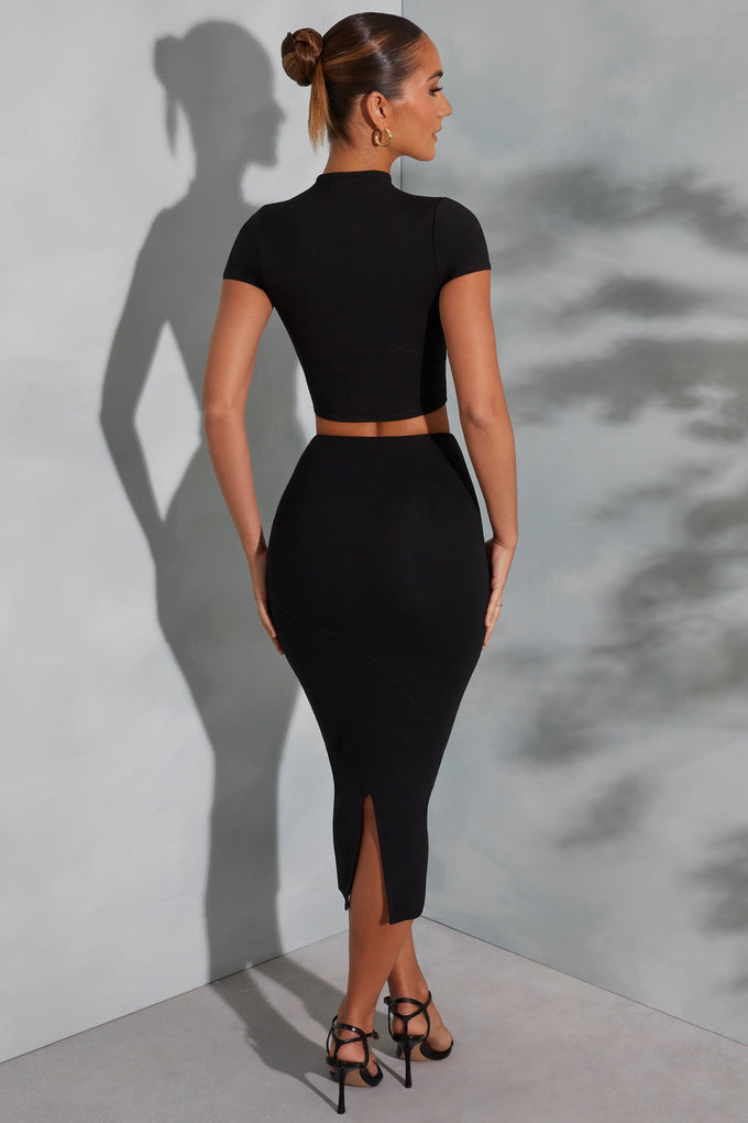 Falda midaxi con puntadas en contraste en negro
