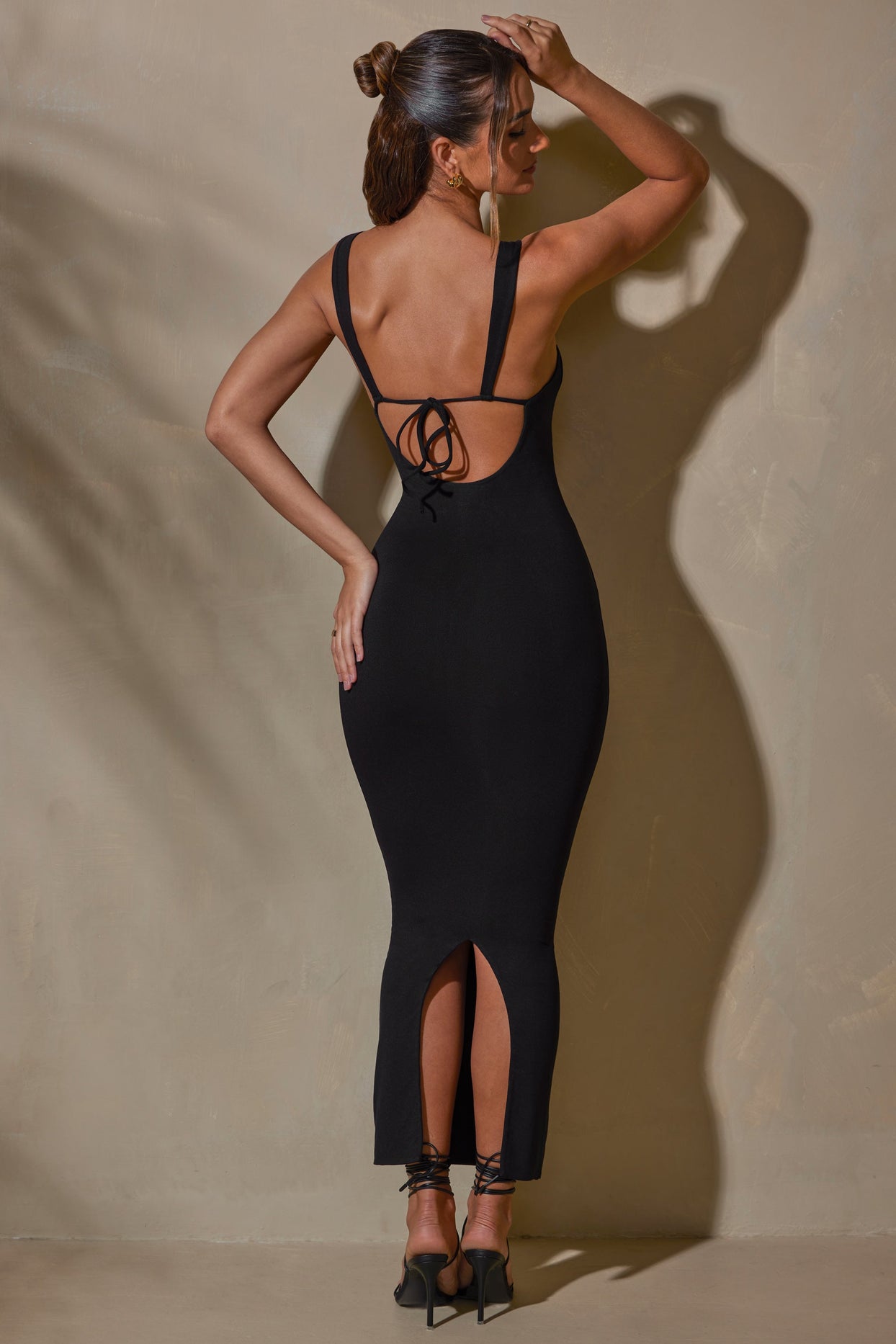 Straight Neck Low Back Maxi Dress in Black
