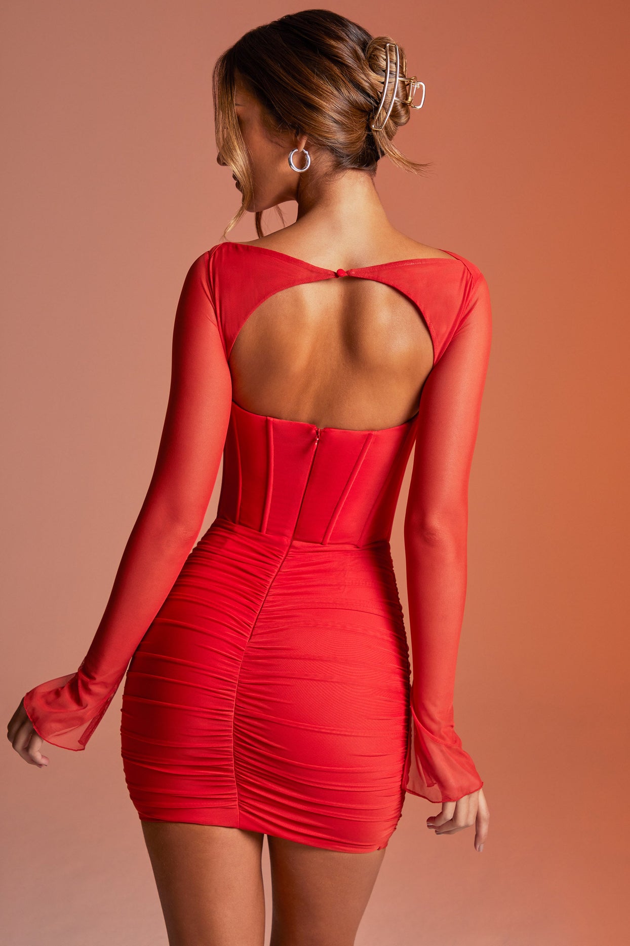 Long Sleeved Ruched Mini Dress in Red