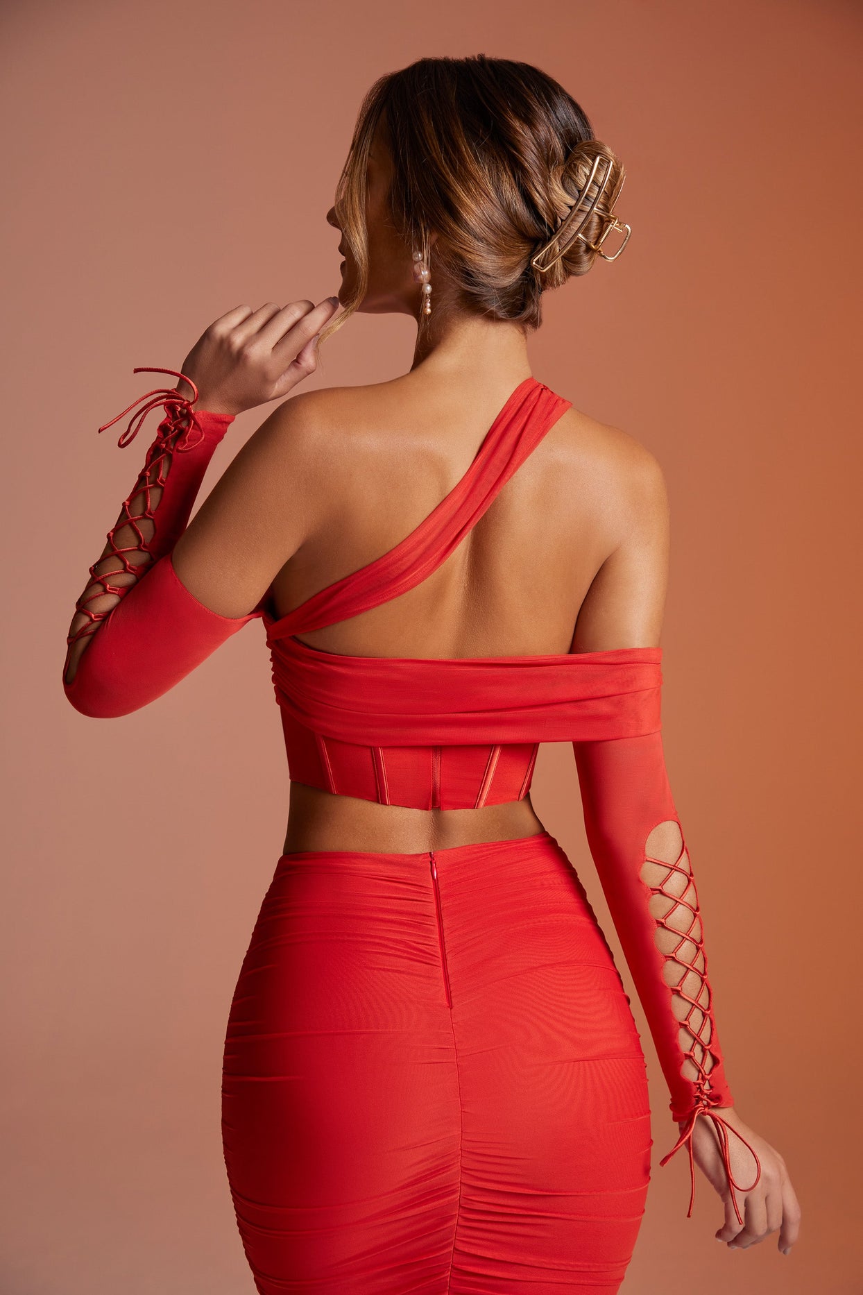 Lace Up Sleeve Corset Crop Top in Red