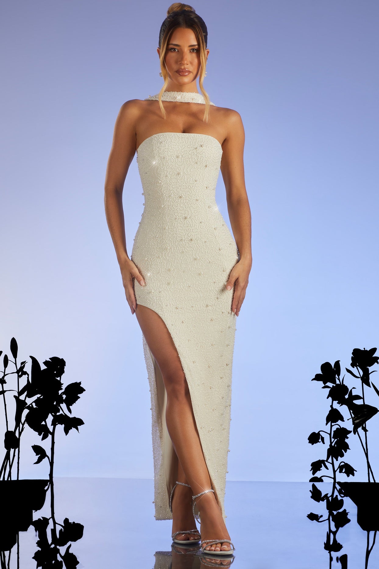 Belgravia Embellished Bandeau Thigh Split Maxi Dress in Ivory