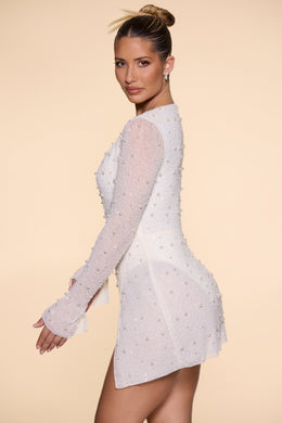 Embellished Wrap Over A-Line Mini Dress in Ivory