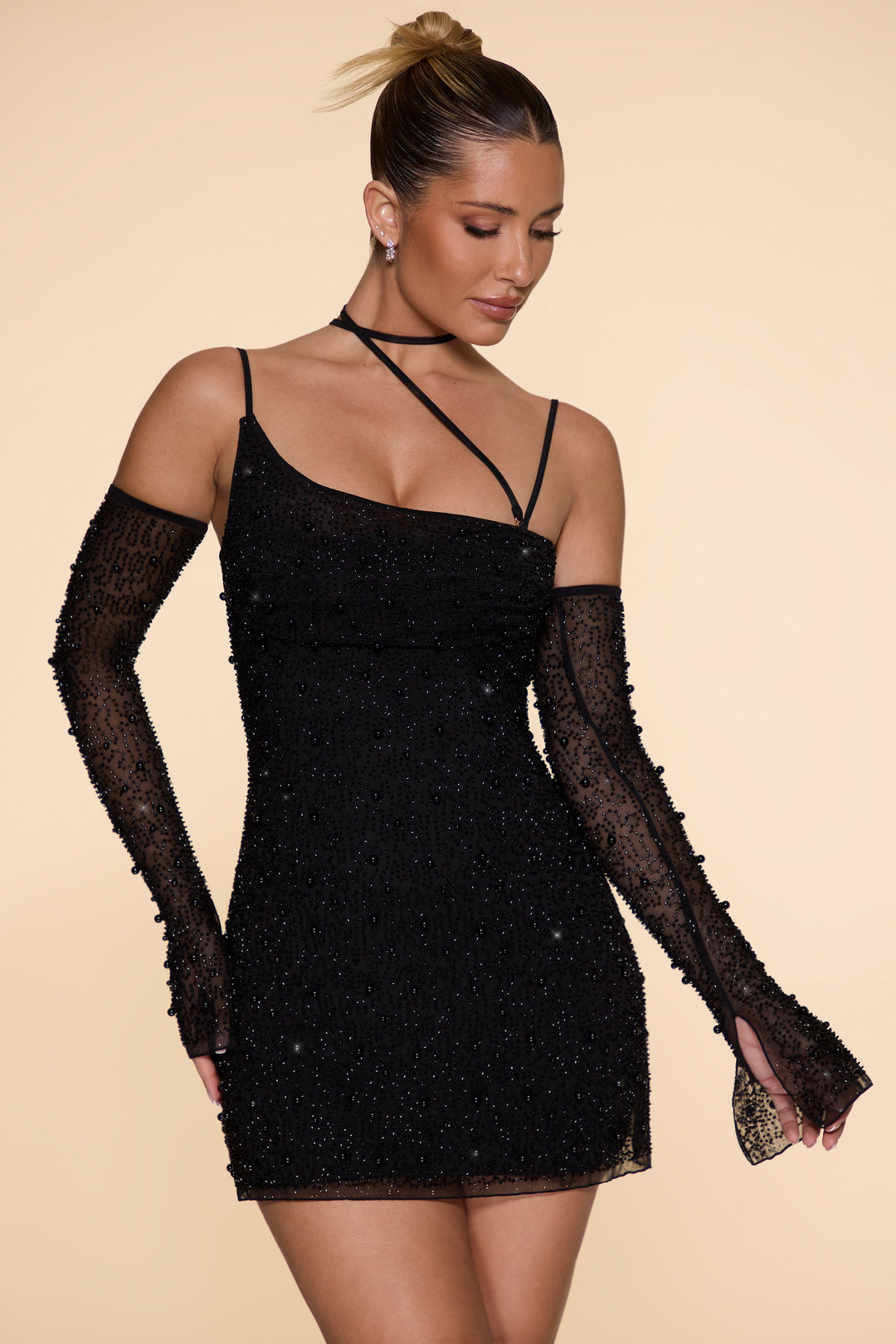 Soho Embellished Asymmetric Cowl Neck Corset Mini Dress in Black | Oh Polly