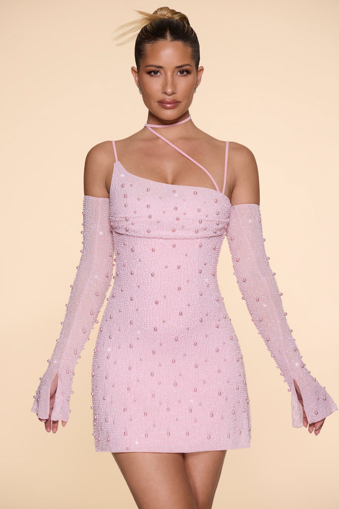 Mini vestido espartilho assimétrico embelezado em blush