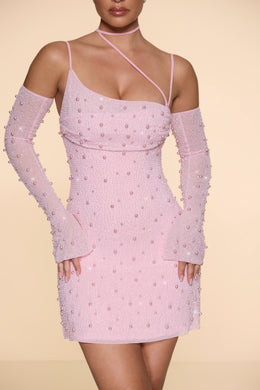 Embellished Asymmetric Corset Mini Dress in Blush