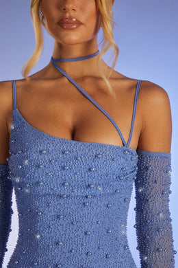 Mini vestido espartilho assimétrico embelezado em azul claro