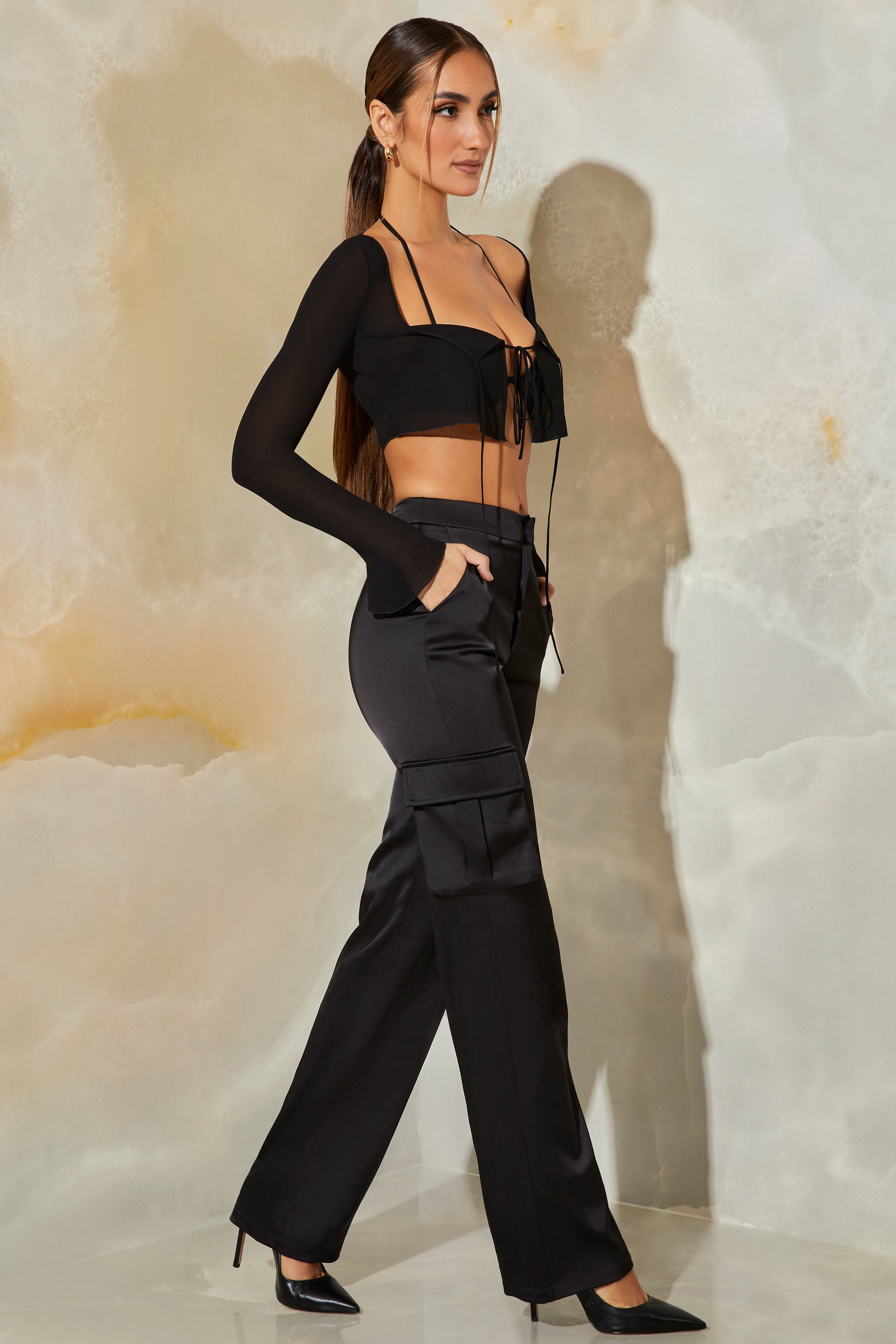 Petite Satin Straight Leg Cargo Trousers in Black – Oh Polly US