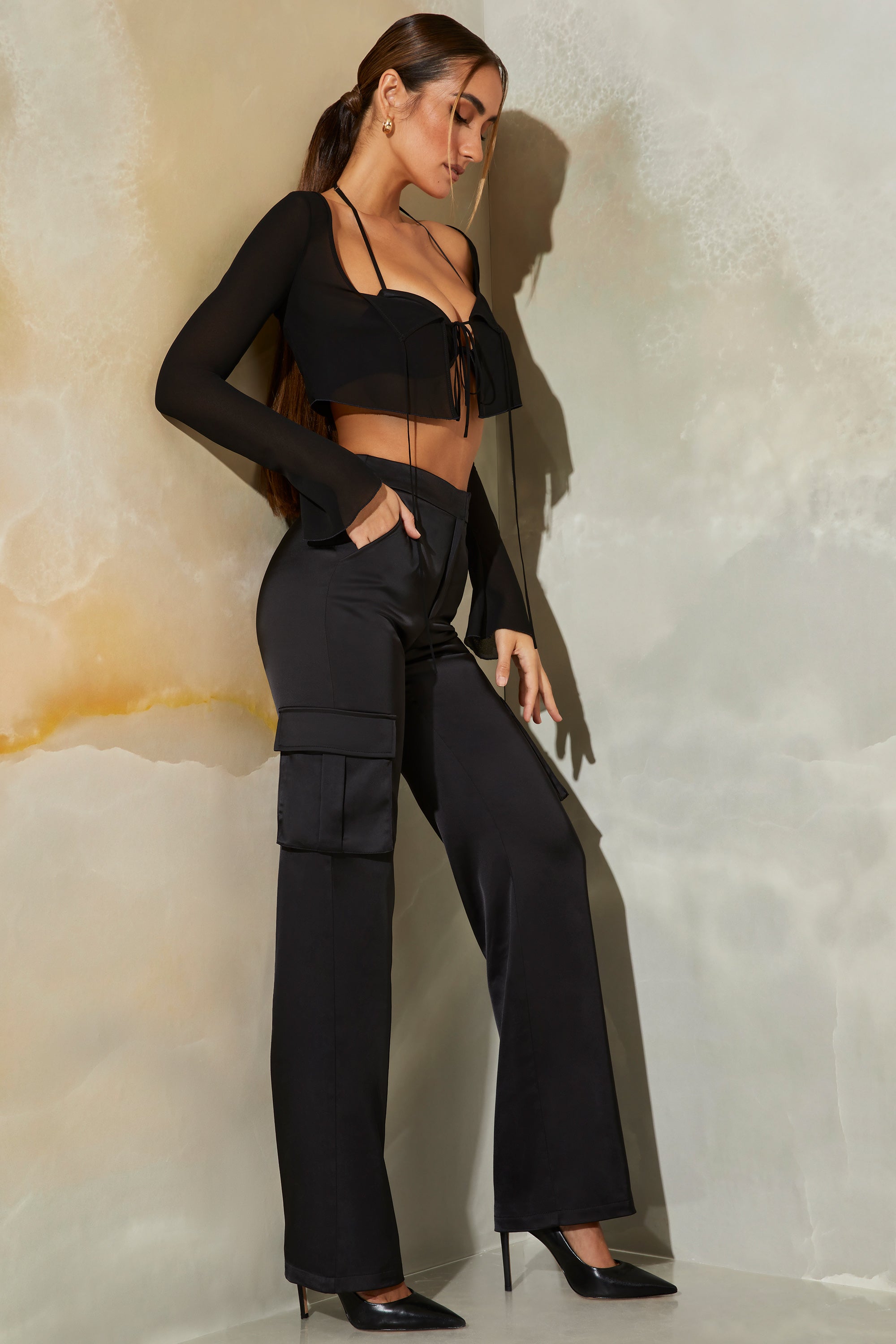 WEST OF MELROSE Womens Satin Cargo Pants - CHARCOAL | Tillys