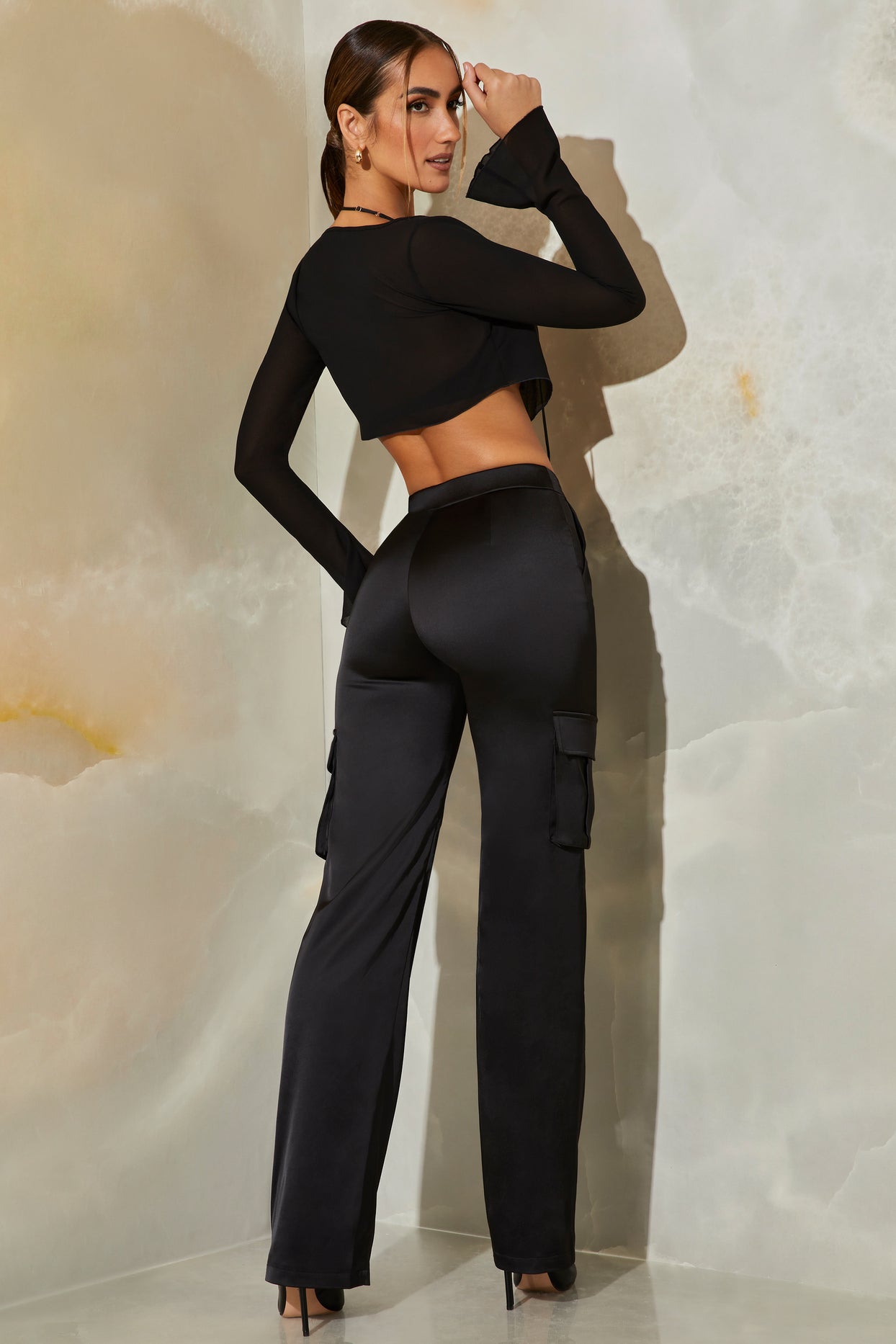 Petite Satin Straight Leg Cargo Trousers in Black – Oh Polly US