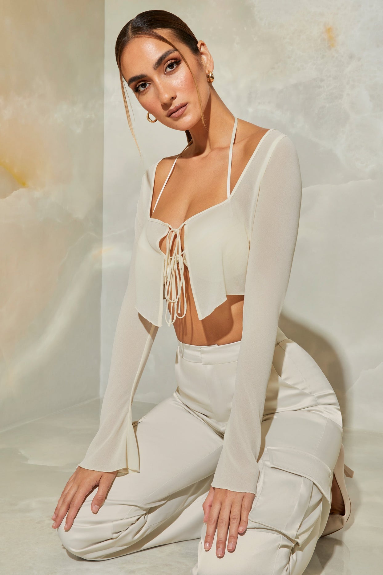 Long Sleeve Ruched Bralette with Sheer Overlay in Stone