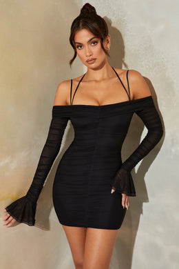 Bardot Long Sleeve Ruched Mini Dress in Black