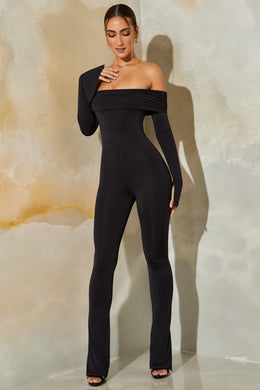 Petite Long Sleeve Open Back Jumpsuit in Black