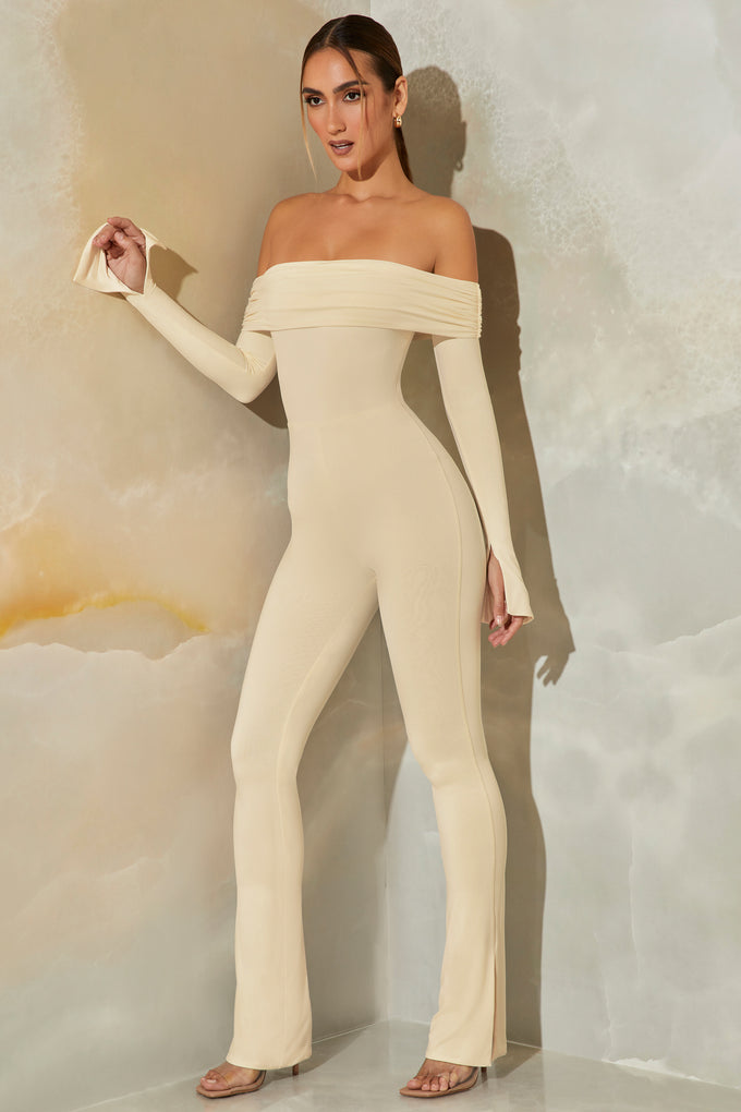 Tall Long Sleeve Open Back Jumpsuit in Stone
