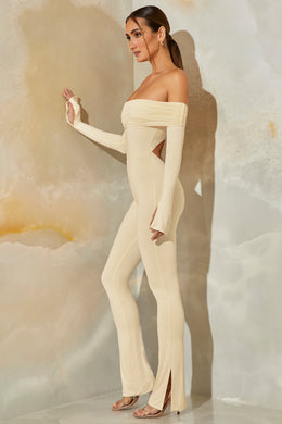 Tall Long Sleeve Open Back Jumpsuit in Stone