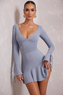 Long Sleeve Ruched A-Line Mini Dress in Blue