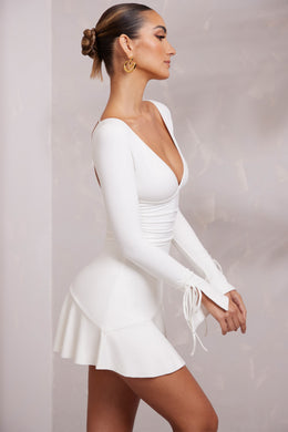 Long Sleeve Ruched A-Line Mini Dress in White