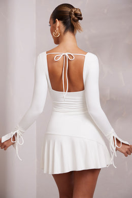 Long Sleeve Ruched A-Line Mini Dress in White