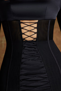 Long Sleeve Lace Up Corset Micro Mini Dress in Black