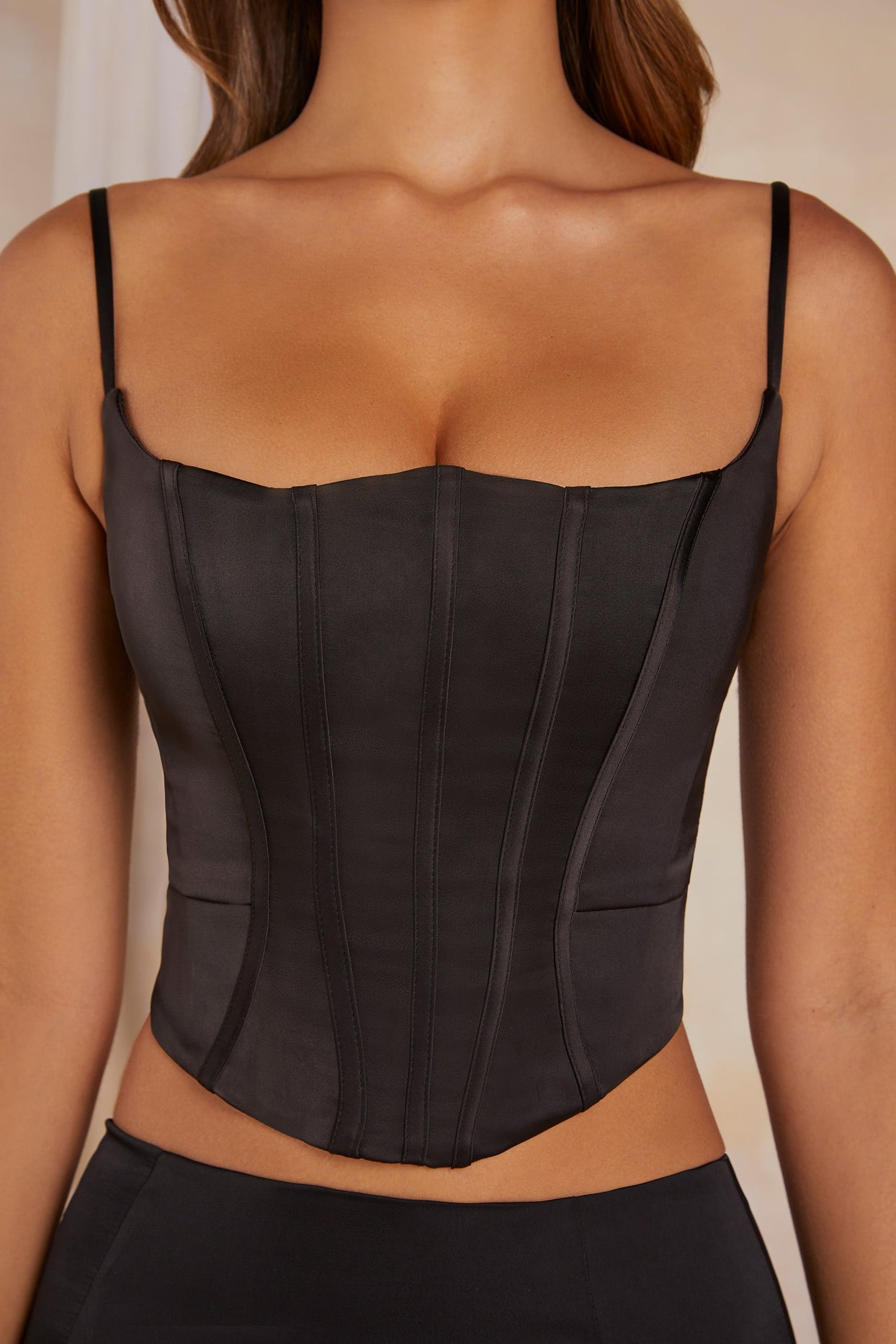 Lace Up Back Satin Corset in Black