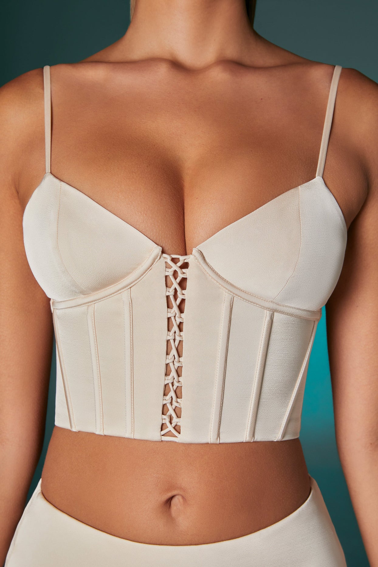 Lace Up Front Corset Crop Top in Ivory