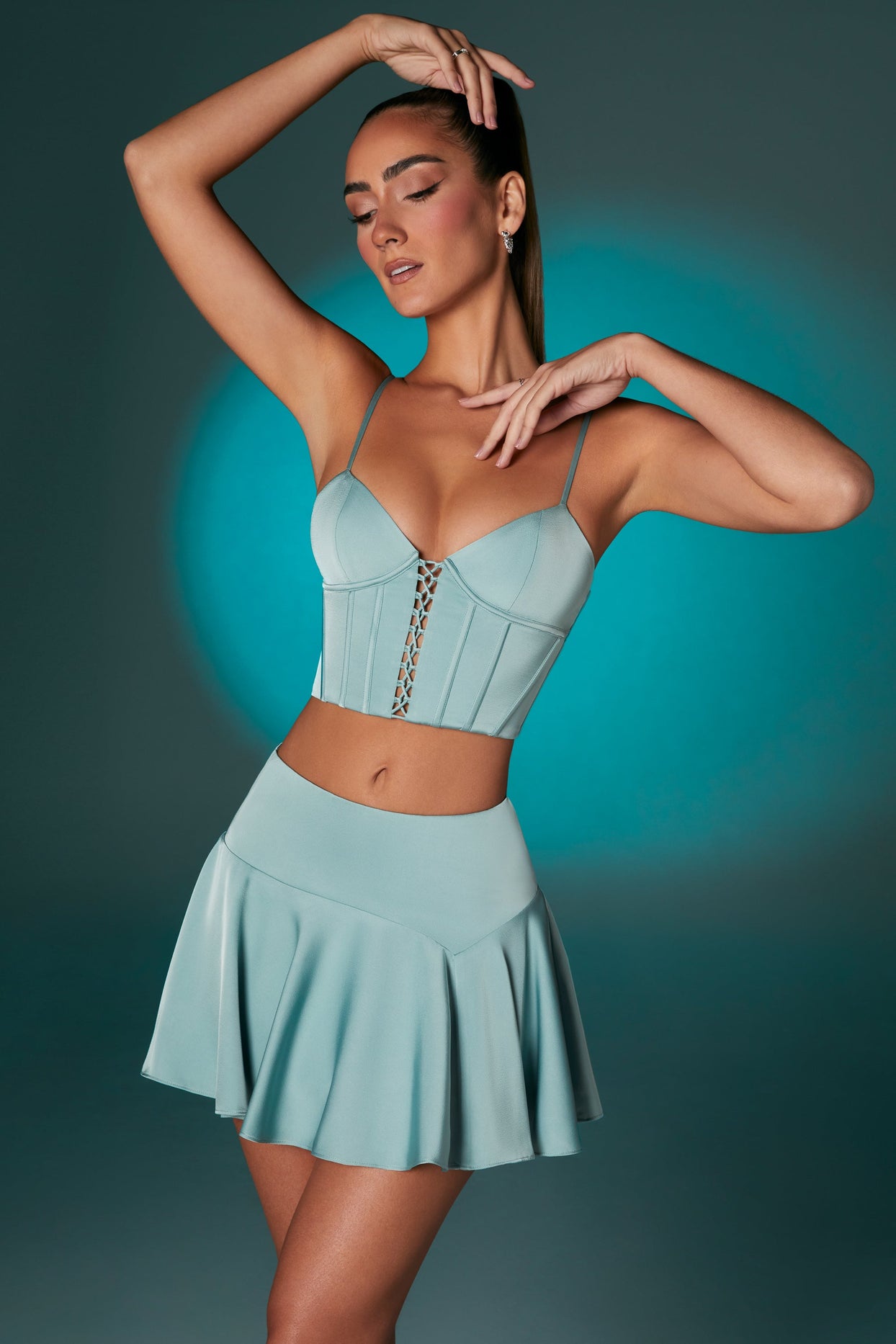 Hera' Blue Satin Bardot Pleated Tiered Mini Dress