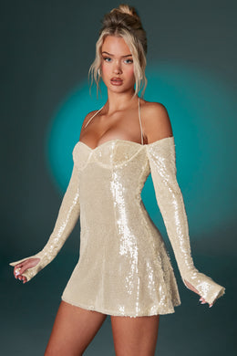 Off The Shoulder Sequin A-Line Mini Dress in Ivory