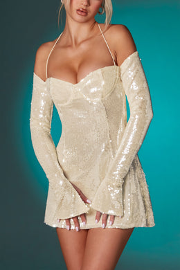 Off The Shoulder Sequin A-Line Mini Dress in Ivory