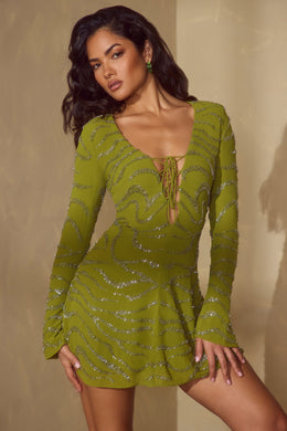 Long Sleeve Lace Up Mini Dress in Olive