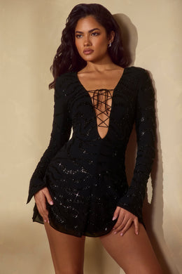Long Sleeve Lace Up Mini Dress in Black