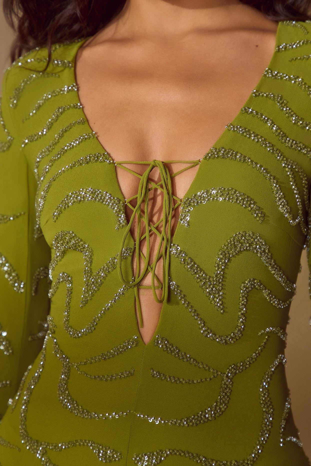 Olive Lace High Neck Long Sleeve Draped Midi Dress
