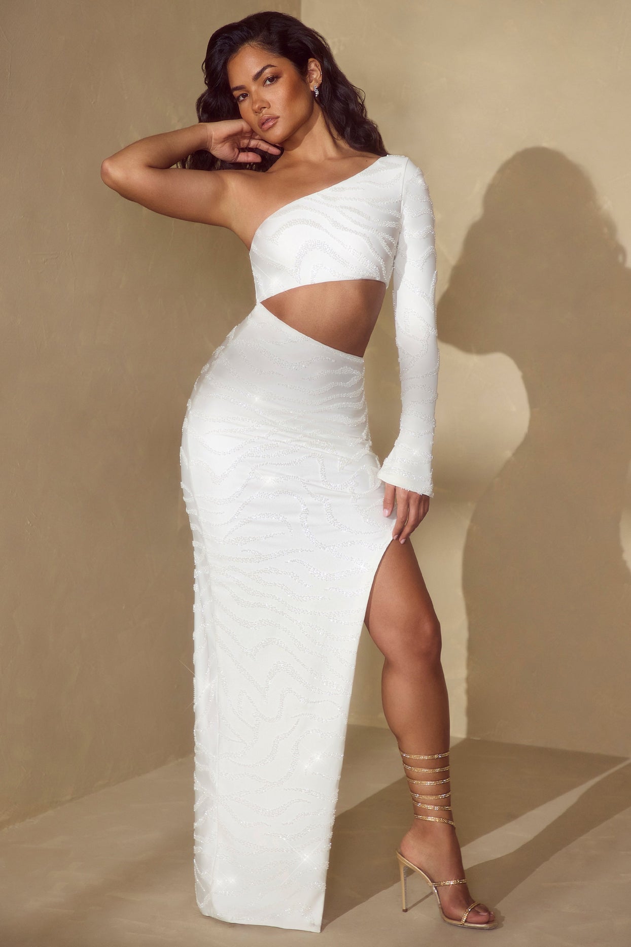 Single Sleeve Cut Out Maxi Dress in Off White