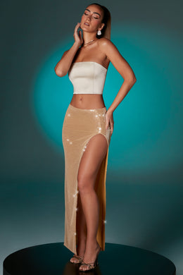 Flat Sequin Thigh Split Maxi Skirt in Gold