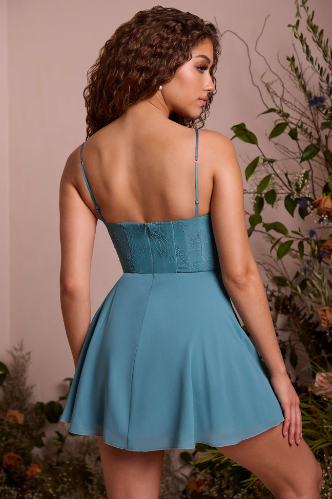 Plunge Neck Lace Corset Mini Dress in Teal