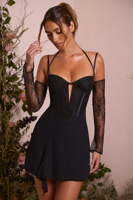 Lace Sleeve A-Line Mini Dress in Black