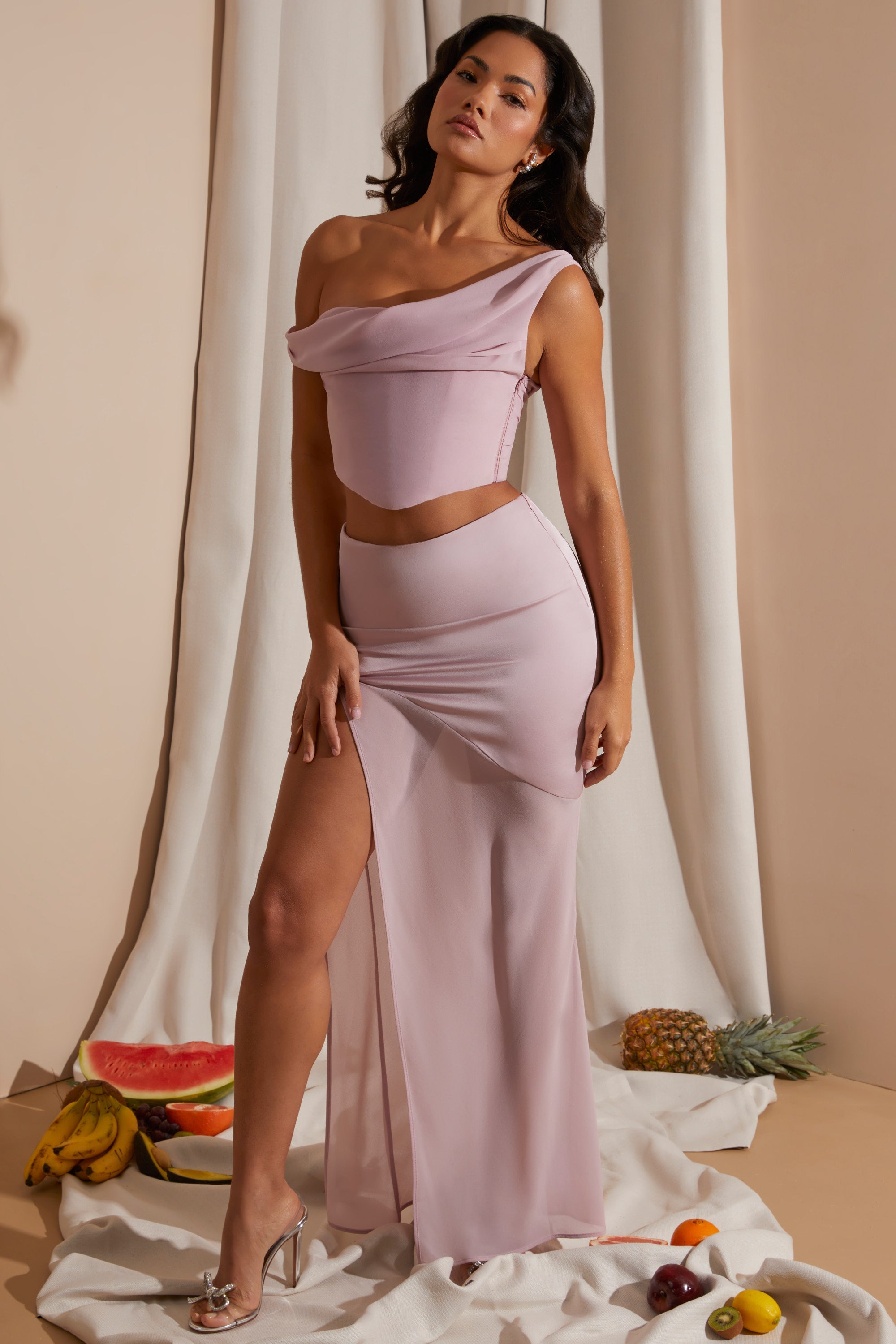 Eden Mid Rise High Slit Maxi Skirt in Blush | Oh Polly