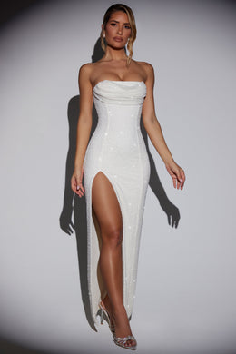 La Rochette Embellished Bandeau Cowl Neck Maxi Dress in Ivory | Oh Polly