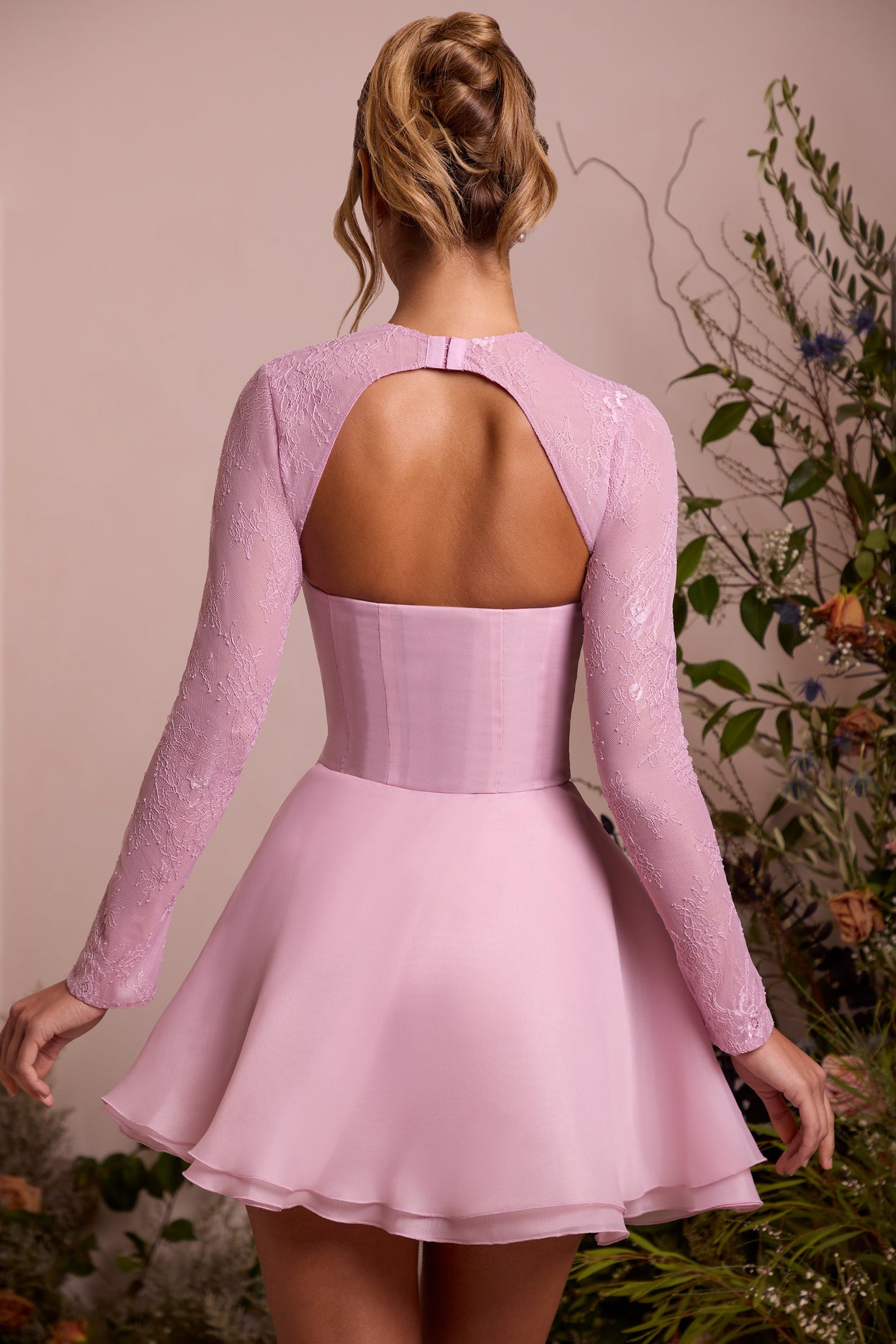 Long Sleeve Tulle Skirt Mini Dress in Dusty Pink