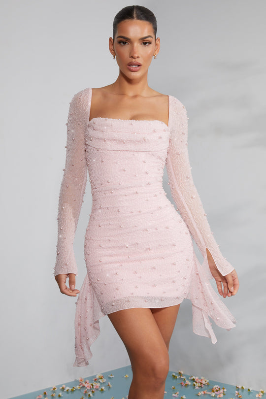 Tivoli Long Sleeve Embellished Cowl Neck Mini Dress in Blush | Oh Polly