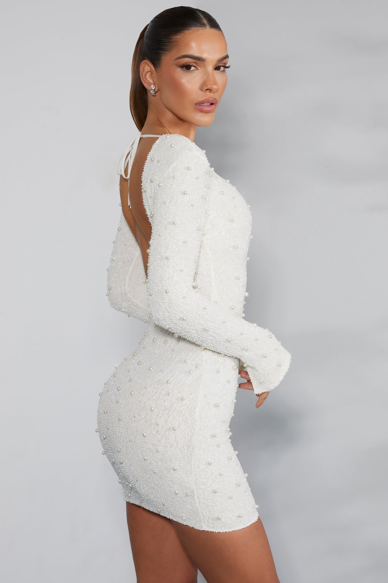 Hague Long Sleeve Embellished Backless Mini Dress in Ivory | Oh Polly