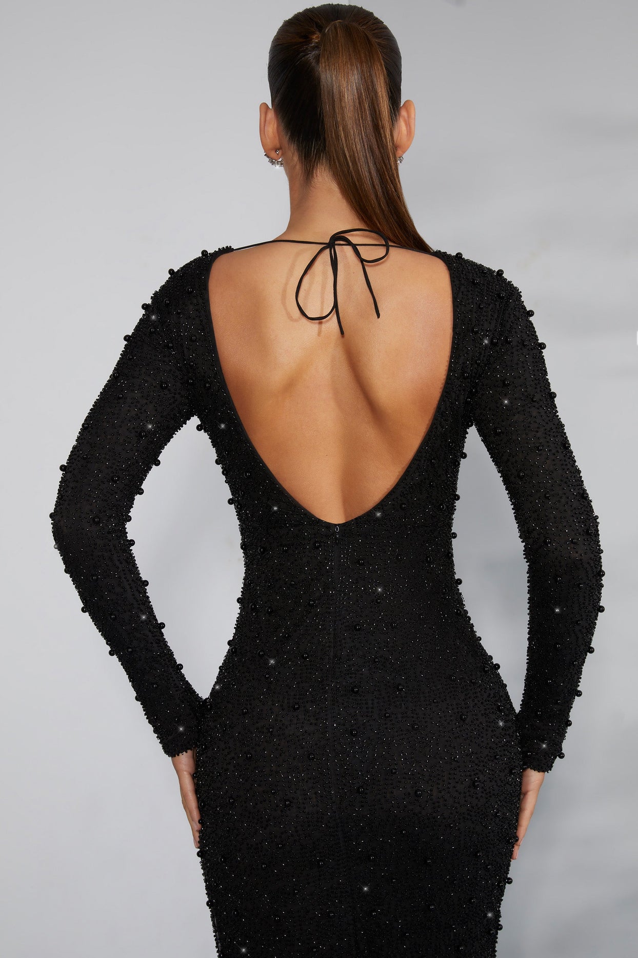 Long Sleeve Embellished Backless Maxi Dress in Black