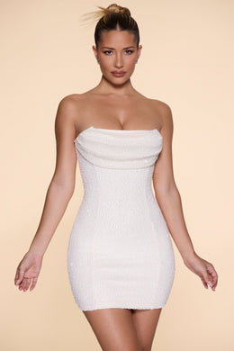Embellished Strapless Cowl Neck Mini Dress in Ivory