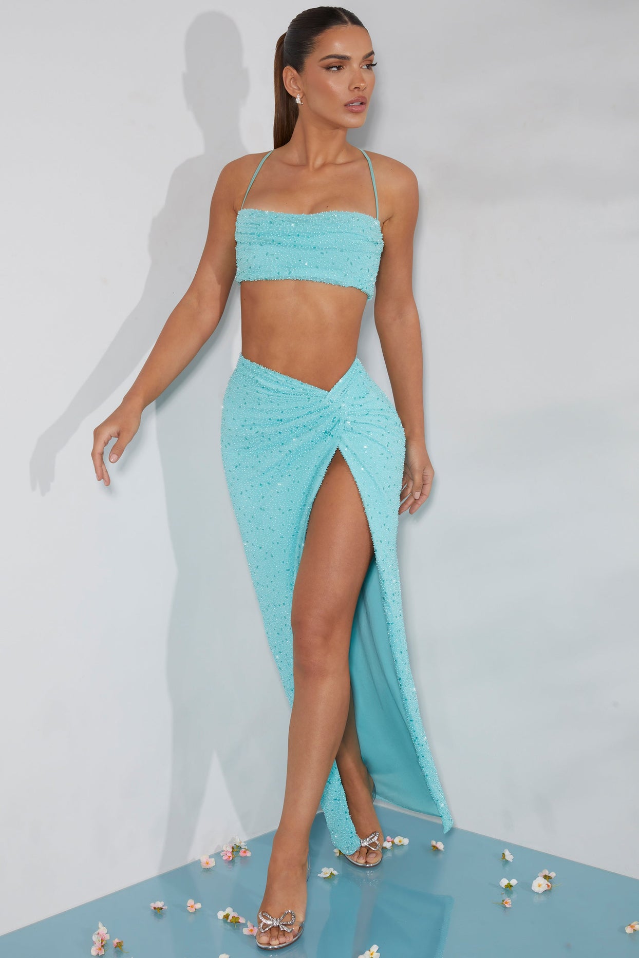 Embellished Knot Front Maxi Skirt in Aqua