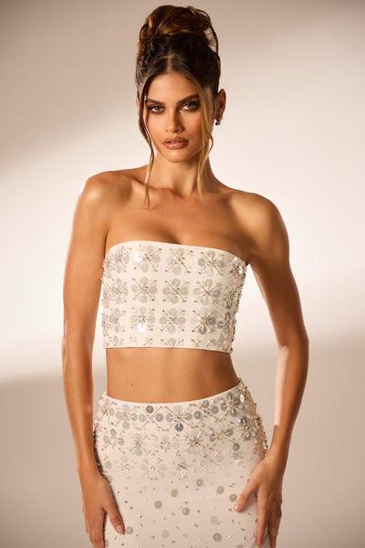 Corset Crop Top Ivory  Crop Top With Hand Woven Macramé In Ivory