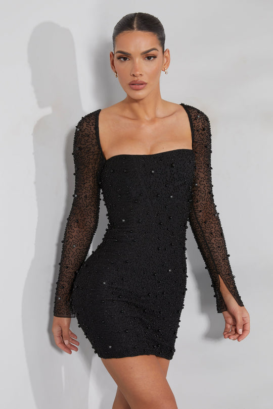 Milan Long Sleeve Embellished Corset Mini Dress in Black | Oh Polly