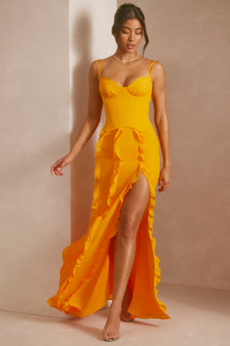 Vestido maxi com saia espartilho e babados em tangerina