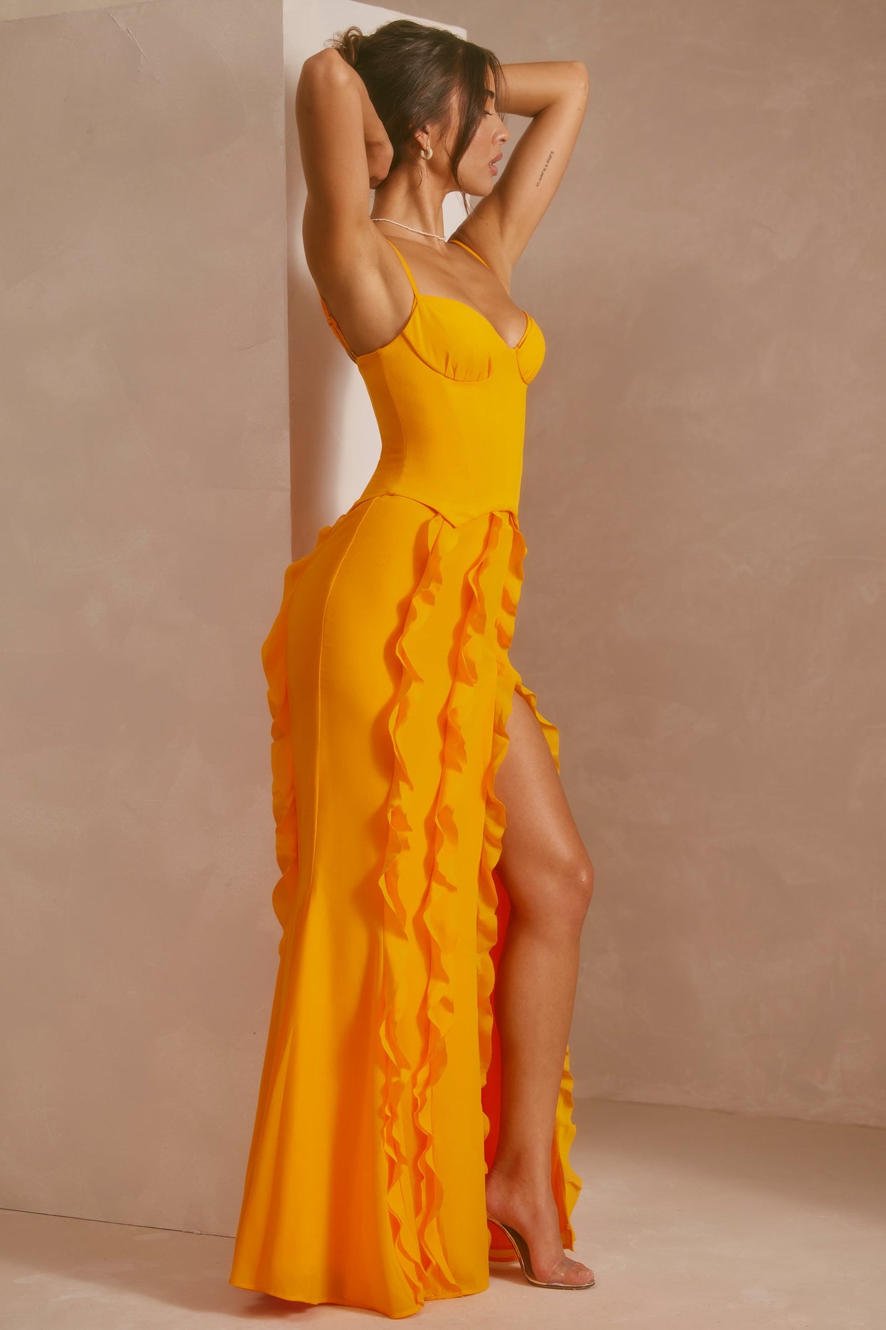 Burnt Orange Chiffon Frill Corset Maxi Dress