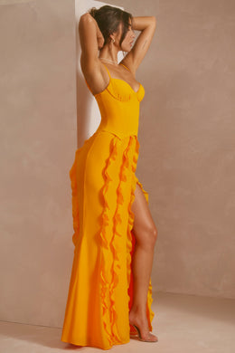 Vestido maxi com saia espartilho e babados em tangerina