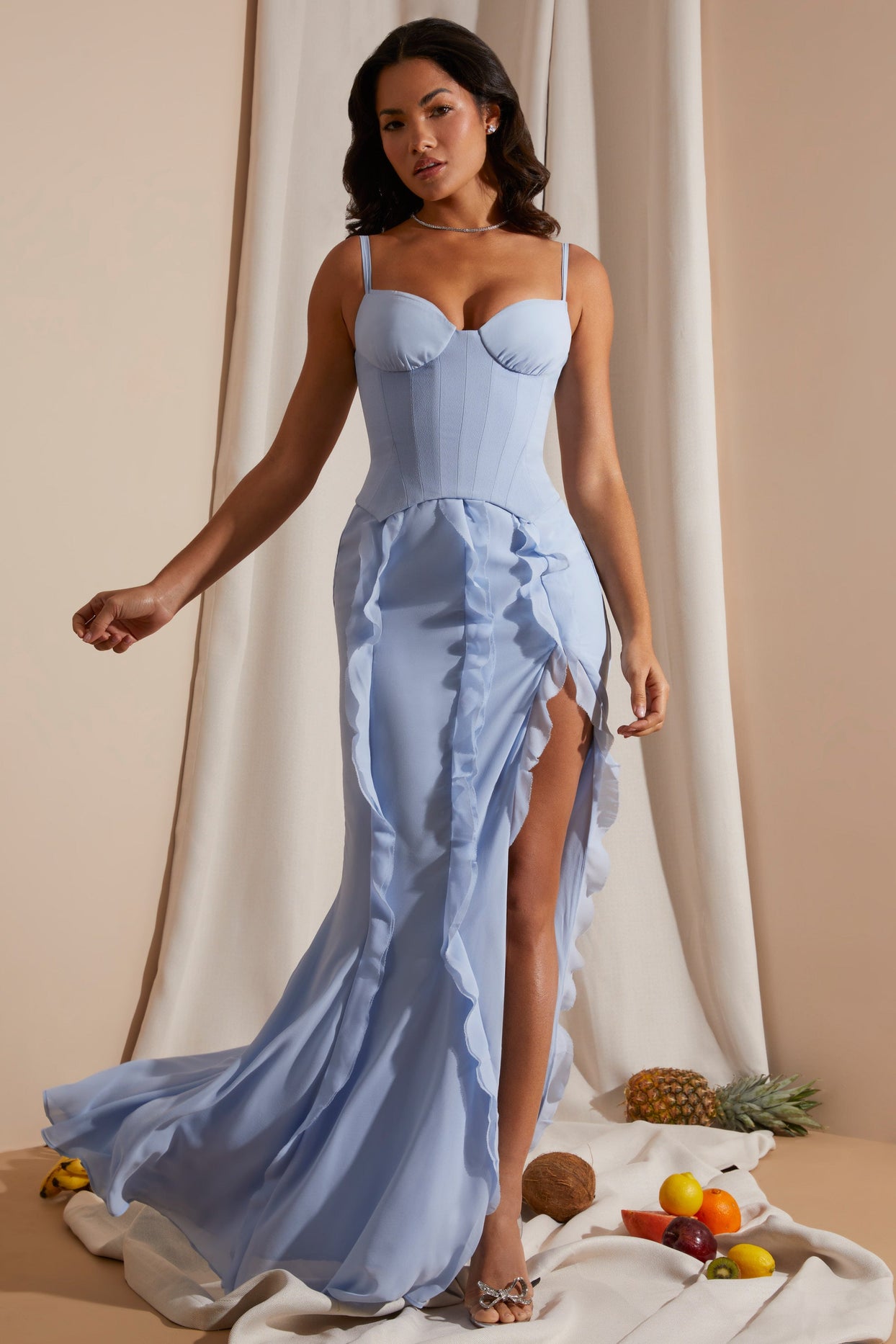 Andrea Leo Beaded long off the shoulder corset dress with A-line